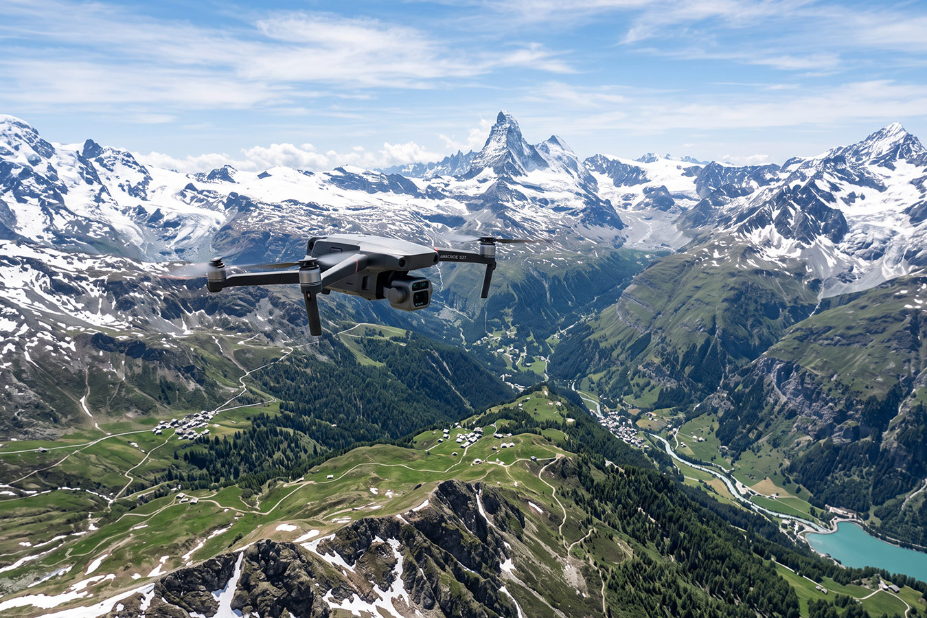 Drohne mit Kamera fliegt über einer Schweizer Berglandschaft