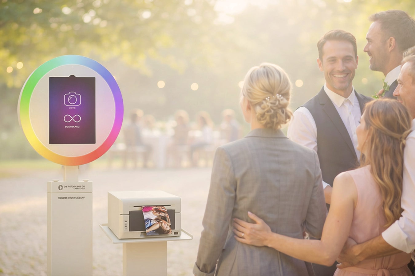 Hochzeitsgäste posieren lachend mit Requisiten vor einer Fotobox