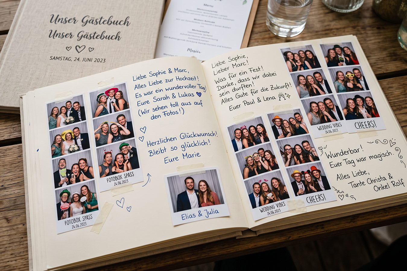 Foto-Gästebuch mit eingeklebten Fotobox-Bildern und handgeschriebenen Grüssen