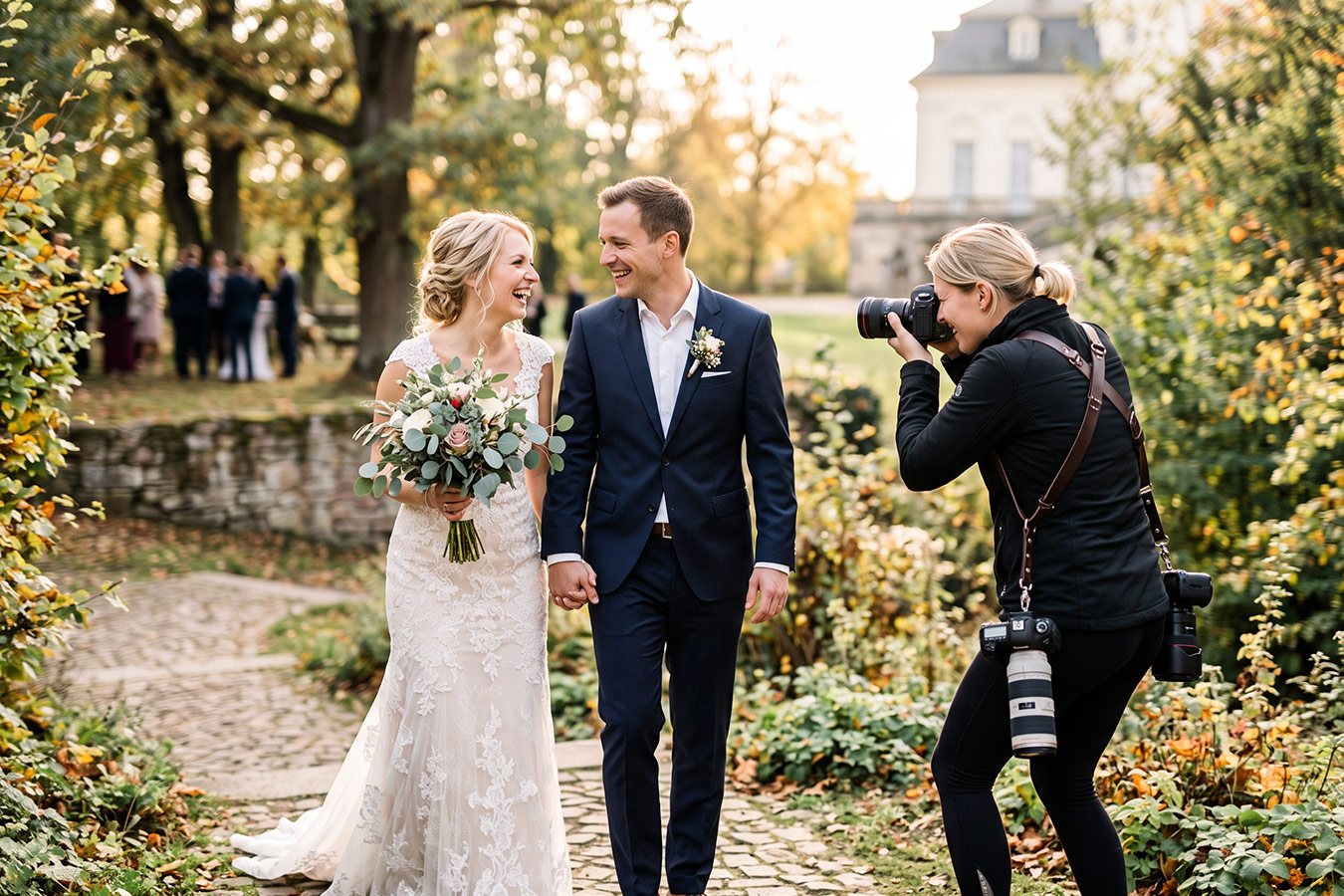 Hochzeitsfotograf fotografiert ein Brautpaar im Freien