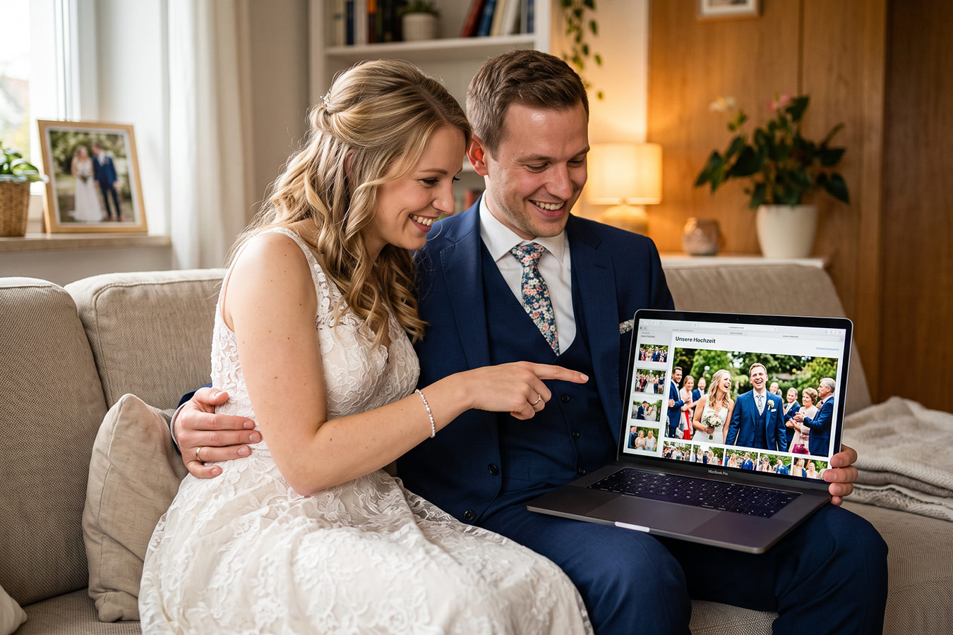 Brautpaar schaut sich gemeinsam Hochzeitsfotos auf einem Laptop an