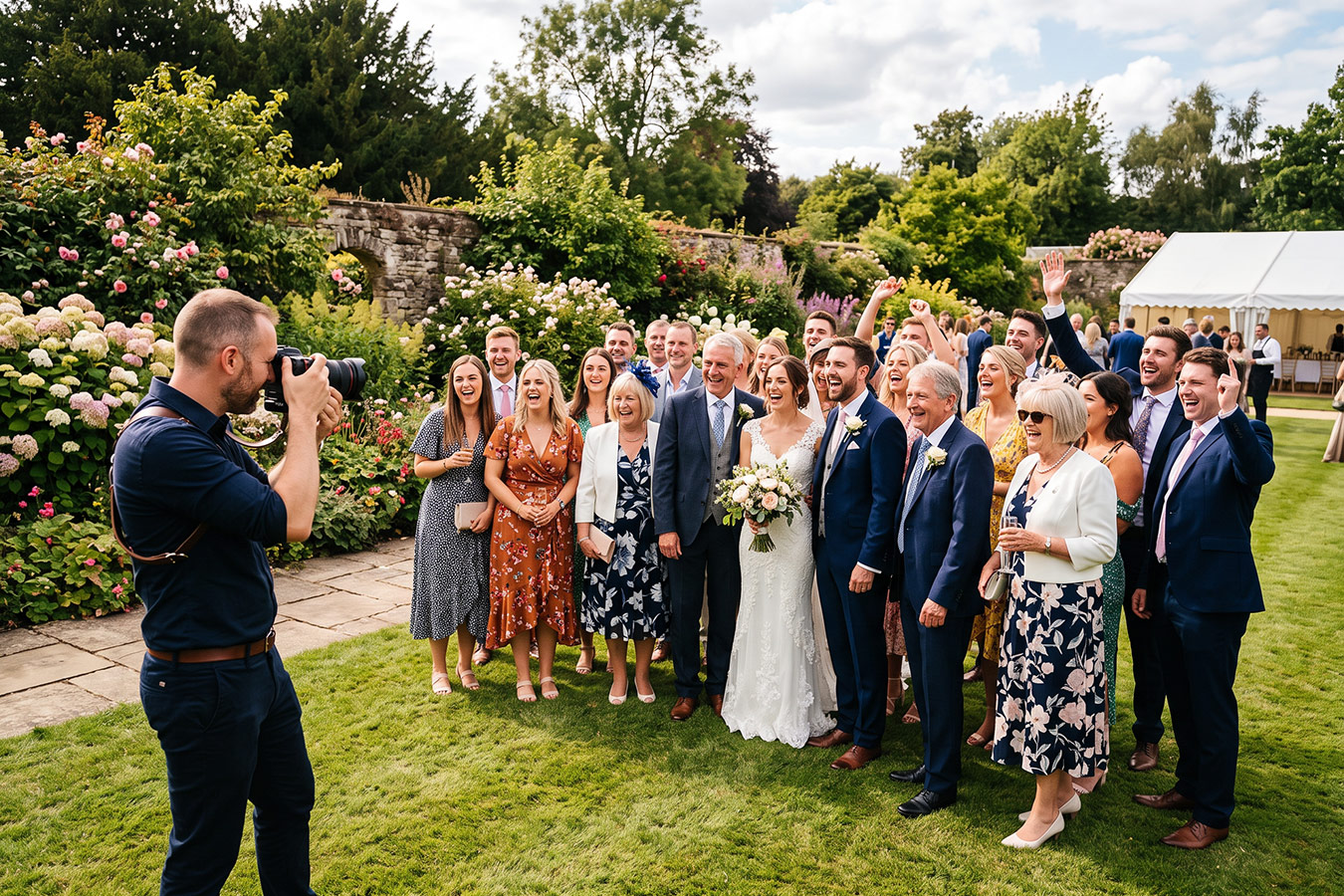 Fotograf fotografiert eine fröhliche Hochzeitsgesellschaft im Garten